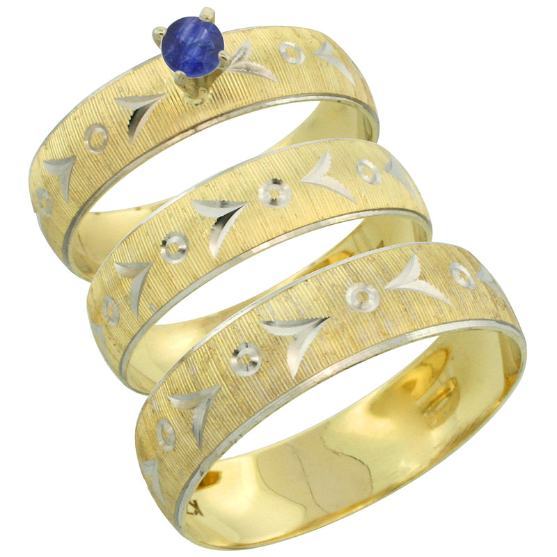 10k Gold 3-Piece Trio Blue Sapphire Wedding Ring Set Him & Her 0.10 ct Rhodium Accent Diamond-cut Pattern, Ladies Sizes 5 - 10 & Men's Sizes 8 - 14