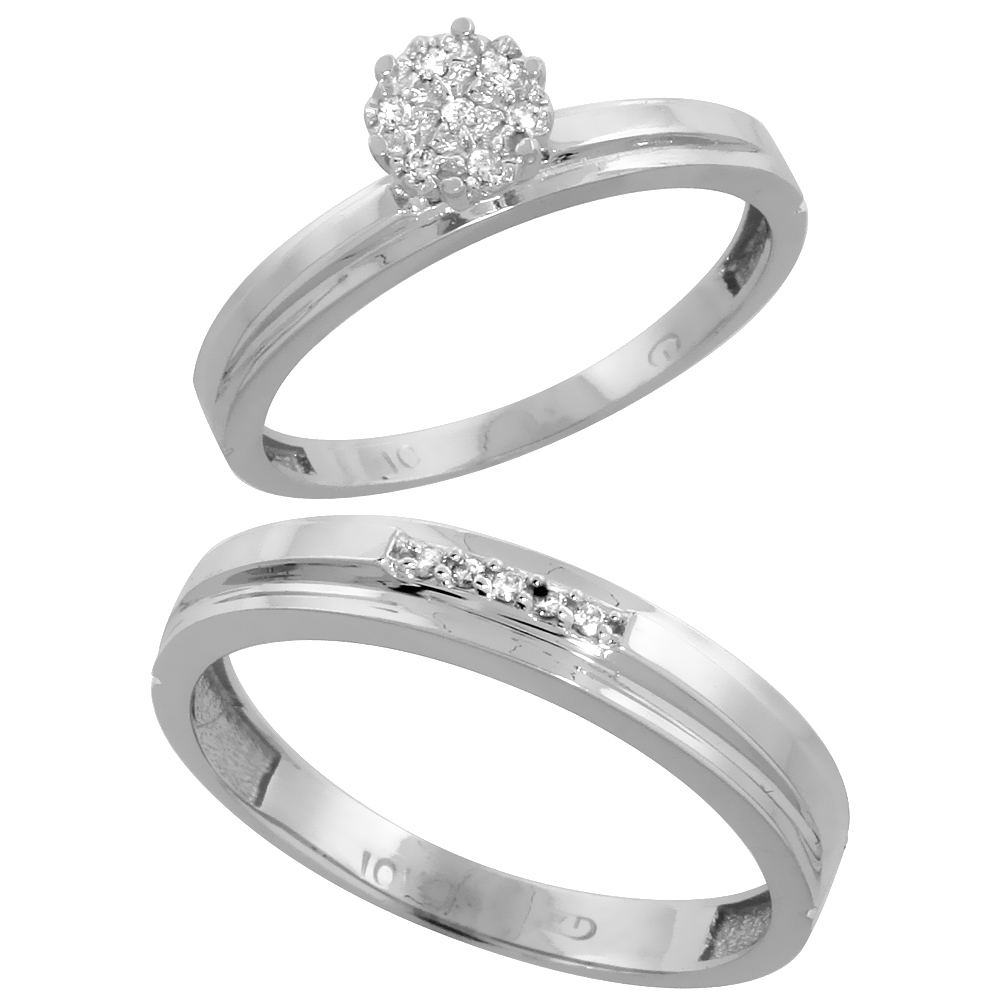 10k White Gold Diamond Engagement Rings Set for Men and Women 2-Piece 0.08 cttw Brilliant Cut, 3mm & 4mm wide
