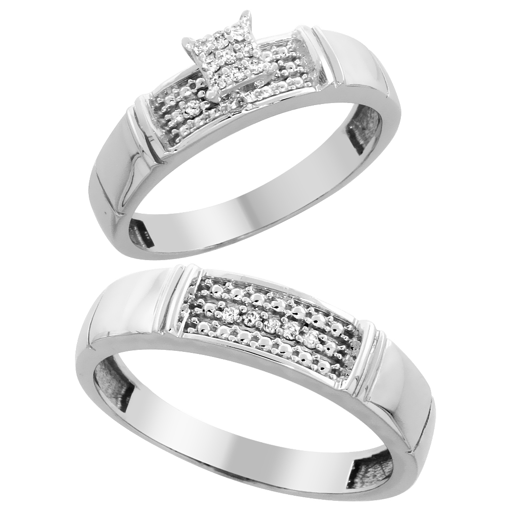 10k White Gold Diamond Engagement Rings Set for Men and Women 2-Piece 0.10 cttw Brilliant Cut, 4.5mm & 5mm wide