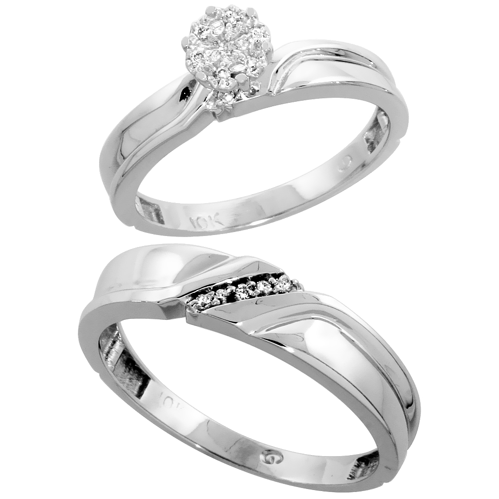 10k White Gold Diamond Engagement Rings Set for Men and Women 2-Piece 0.09 cttw Brilliant Cut, 3.5mm & 5mm wide
