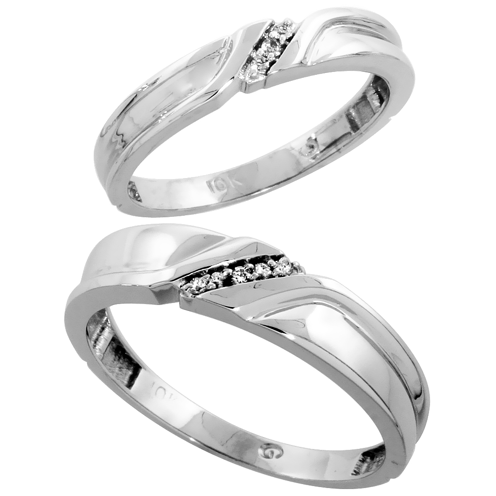 10k White Gold Diamond Wedding Rings Set for him 5 mm and her 3.5 mm 2-Piece 0.06 cttw Brilliant Cut, ladies sizes 5 ï¿½ 10, mens 