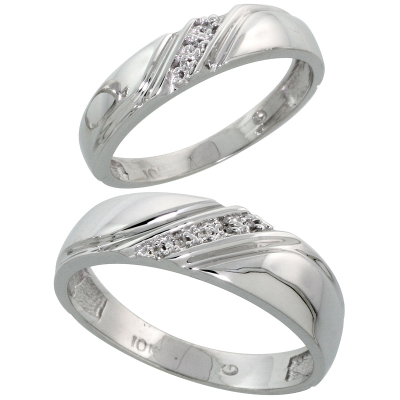 Sterling Silver 2-Piece His (6mm) & Hers (4.5mm) Diamond Wedding Band Set, w/ 0.05 Carat Brilliant Cut Diamonds; (Ladies Size 5 to10; Men's Size 8 to 14)