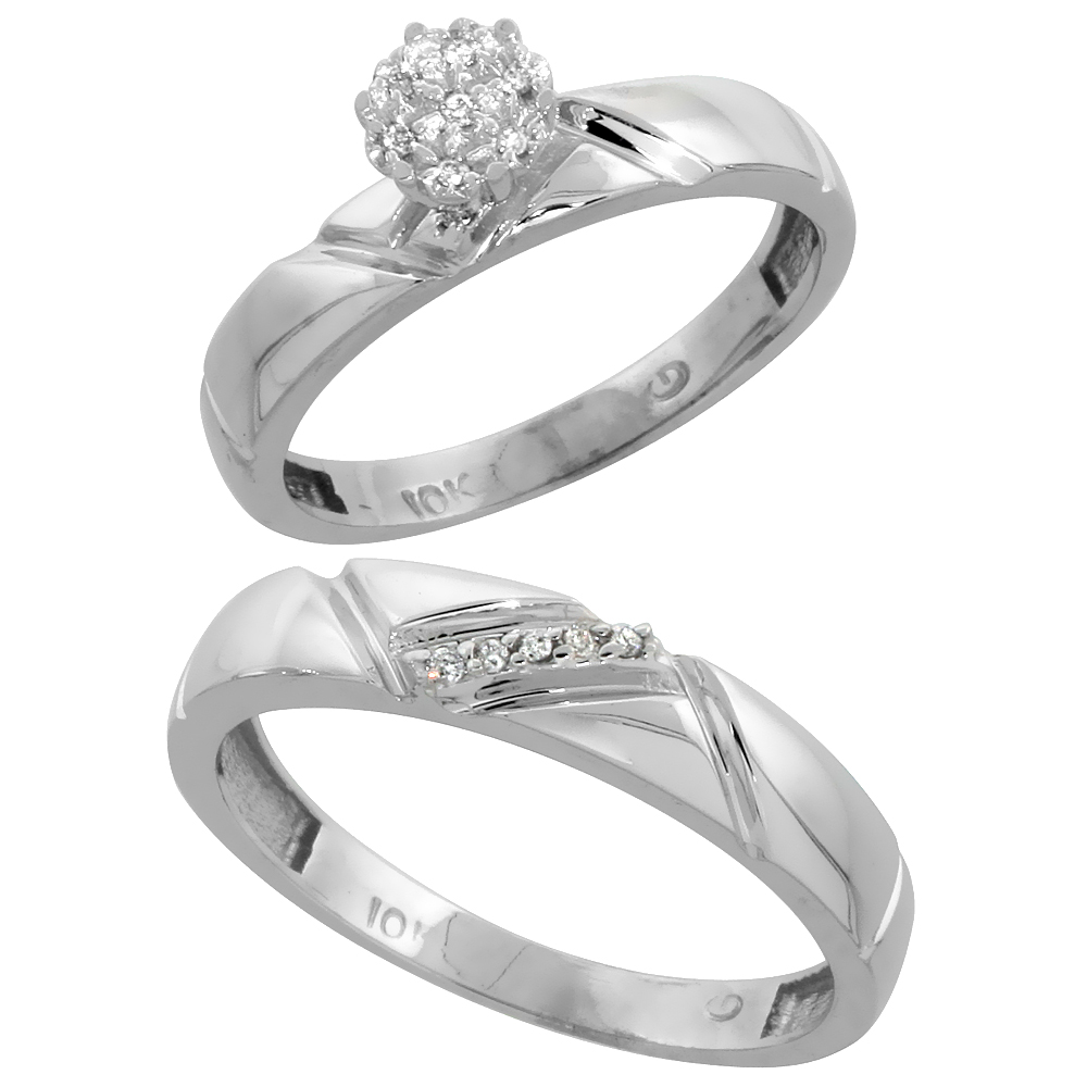 10k White Gold Diamond Engagement Rings Set for Men and Women 2-Piece 0.08 cttw Brilliant Cut, 4mm & 4.5mm wide