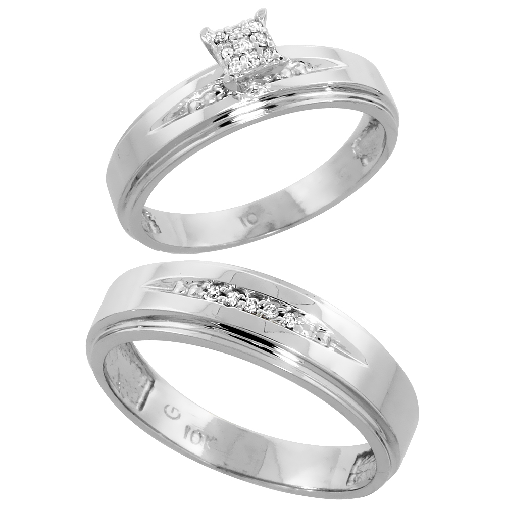 10k White Gold Diamond Engagement Rings Set for Men and Women 2-Piece 0.09 cttw Brilliant Cut, 5mm & 6mm wide