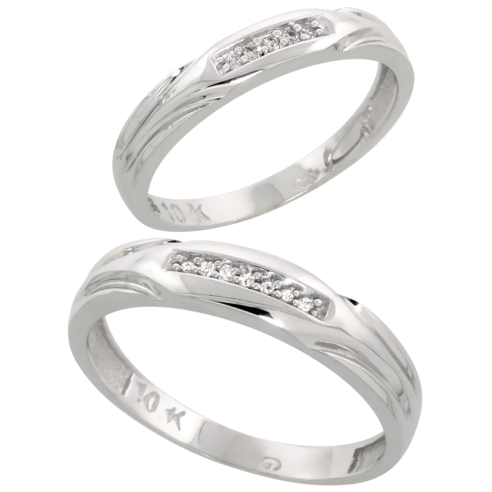 10k White Gold Diamond Wedding Rings Set for him 4.5 mm and her 3.5 mm 2-Piece 0.07 cttw Brilliant Cut, ladies sizes 5 ï¿½ 10, men