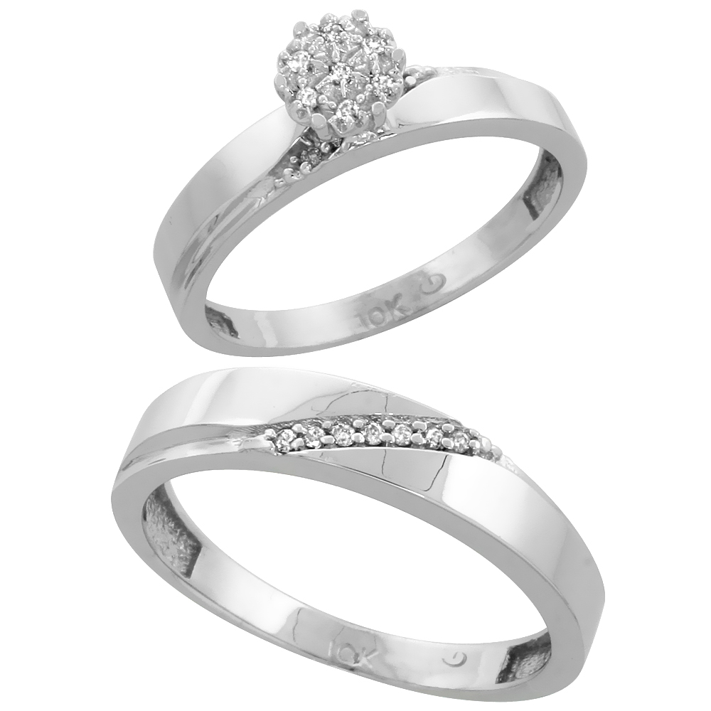 10k White Gold Diamond Engagement Rings Set for Men and Women 2-Piece 0.10 cttw Brilliant Cut, 3.5mm & 4.5mm wide