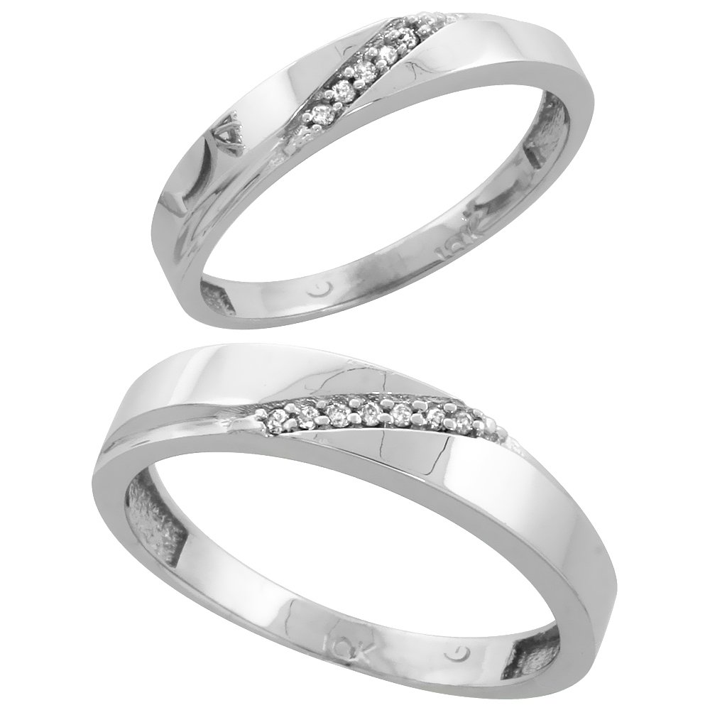 10k White Gold Diamond Wedding Rings Set for him 4.5 mm and her 3.5 mm 2-Piece 0.07 cttw Brilliant Cut, ladies sizes 5 � 10, men