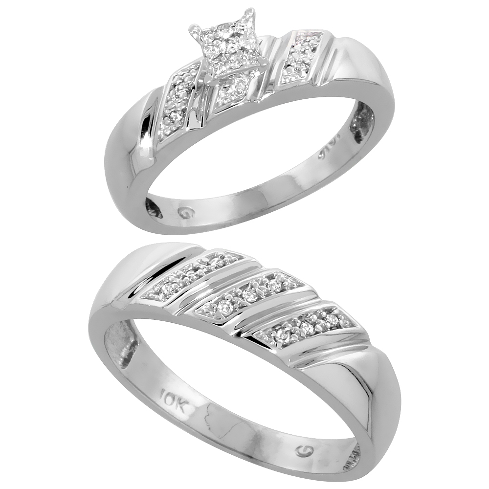 10k White Gold Diamond Engagement Rings Set for Men and Women 2-Piece 0.12 cttw Brilliant Cut, 5mm & 6mm wide