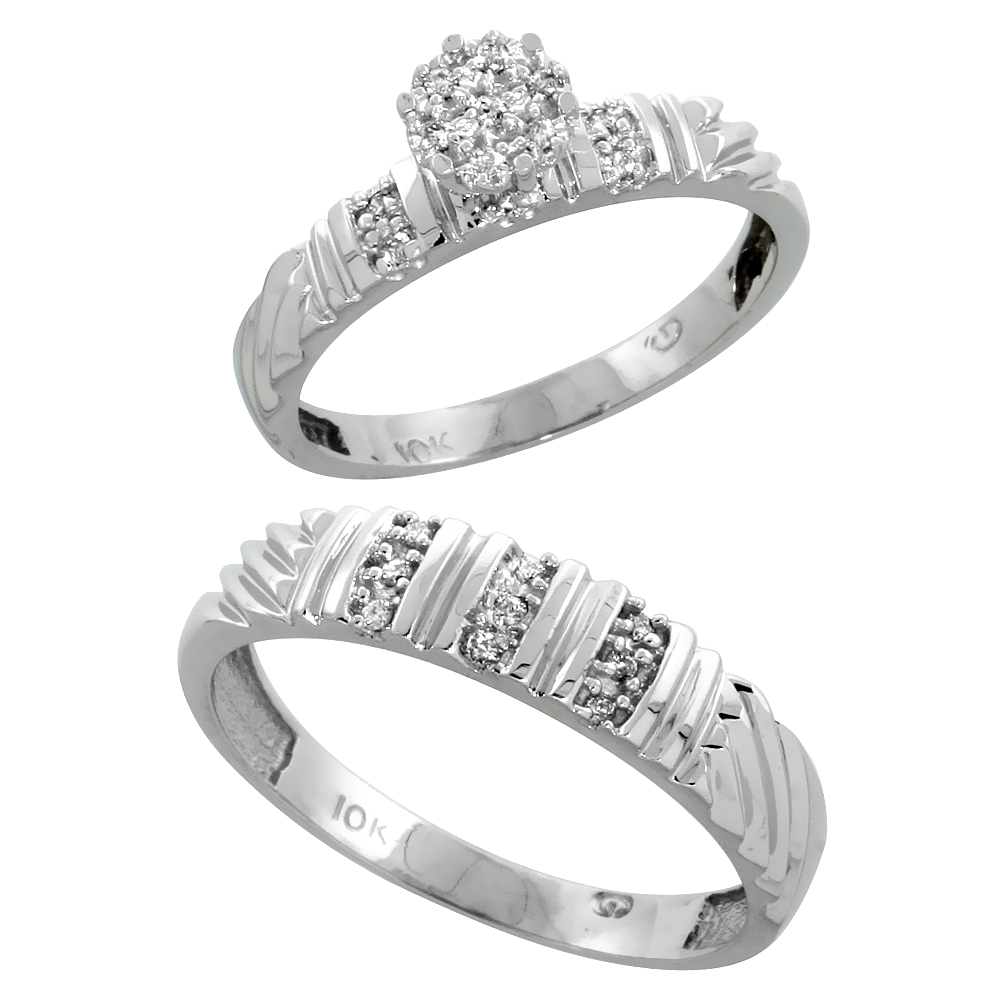 10k White Gold Diamond Engagement Rings Set for Men and Women 2-Piece 0.11 cttw Brilliant Cut, 3.5mm & 5mm wide