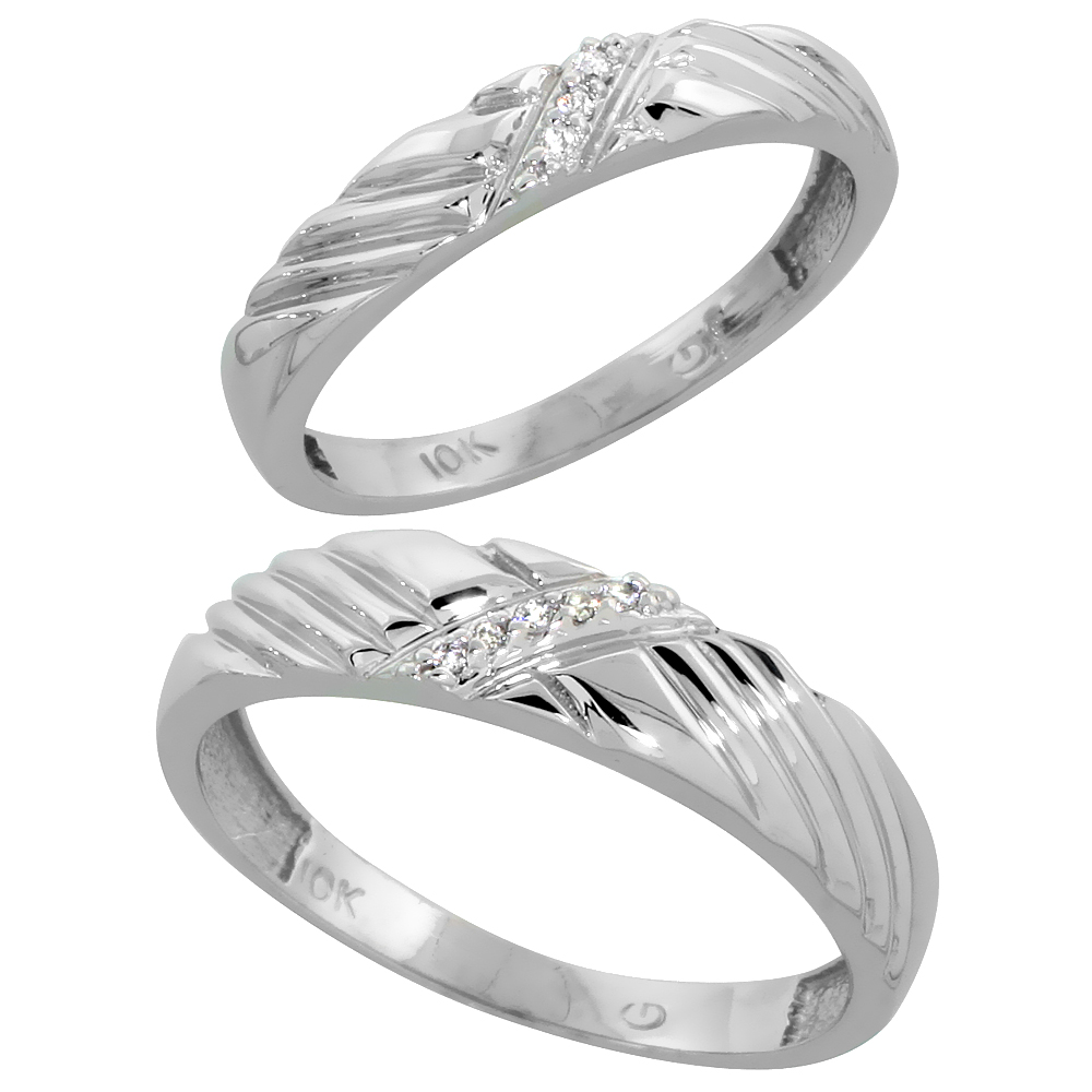 10k White Gold Diamond Wedding Rings Set for him 5 mm and her 3.5 mm 2-Piece 0.05 cttw Brilliant Cut, ladies sizes 5 ï¿½ 10, mens 
