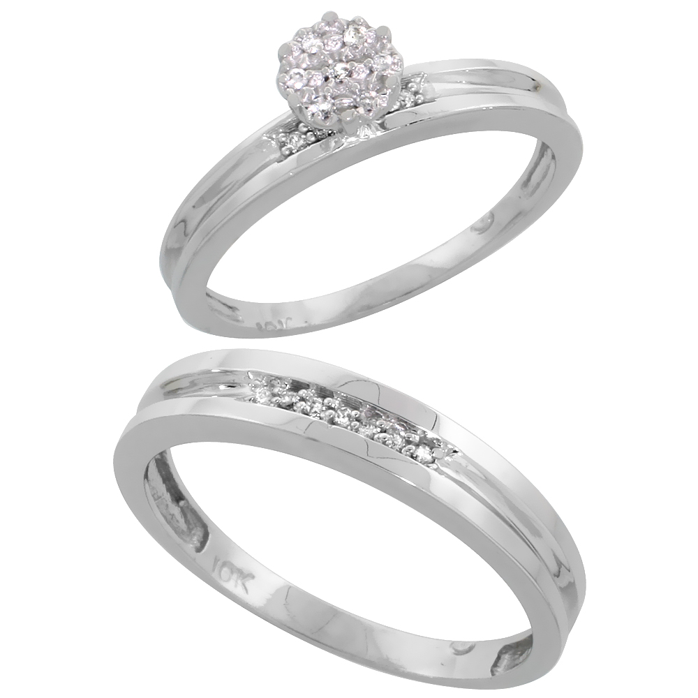 10k White Gold Diamond Engagement Rings Set for Men and Women 2-Piece 0.10 cttw Brilliant Cut, 4 mm & 3.5 mm wide