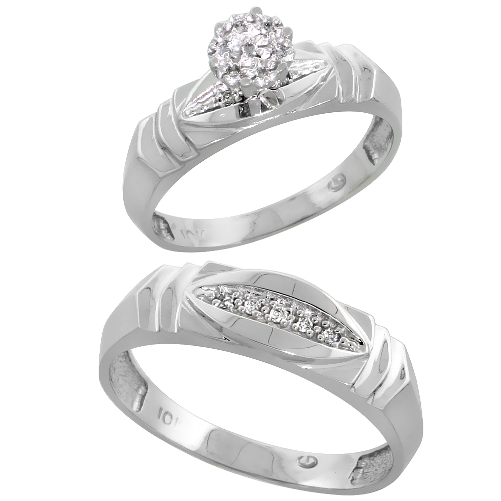 10k White Gold Diamond Engagement Rings Set for Men and Women 2-Piece 0.07 cttw Brilliant Cut, 5mm & 6mm wide