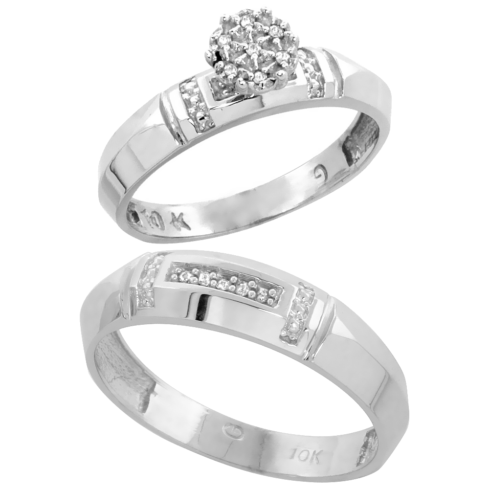 10k White Gold Diamond Engagement Rings Set for Men and Women 2-Piece 0.08 cttw Brilliant Cut, 4mm & 5.5mm wide