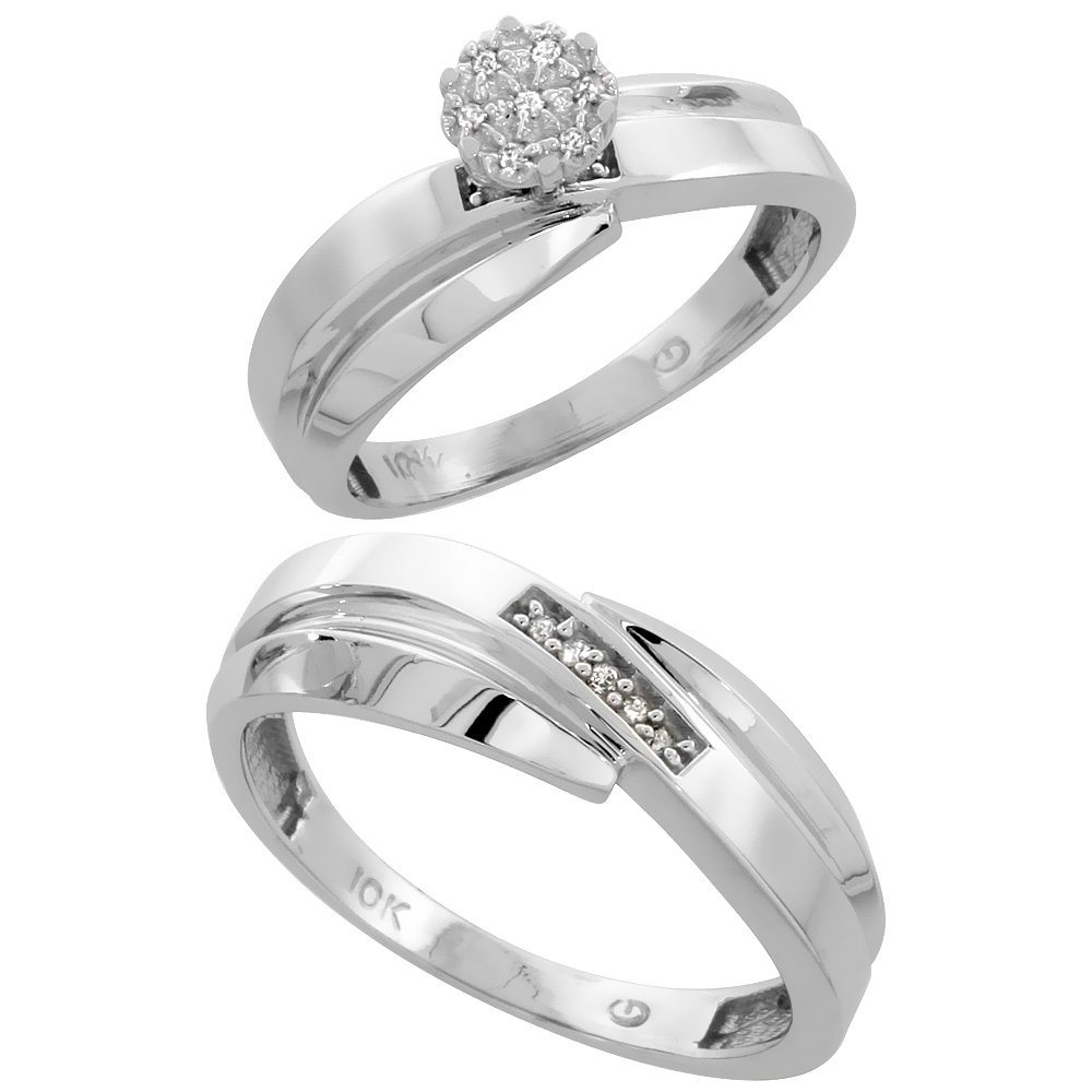 10k White Gold Diamond Engagement Rings Set for Men and Women 2-Piece 0.08 cttw Brilliant Cut, 6mm & 7mm wide