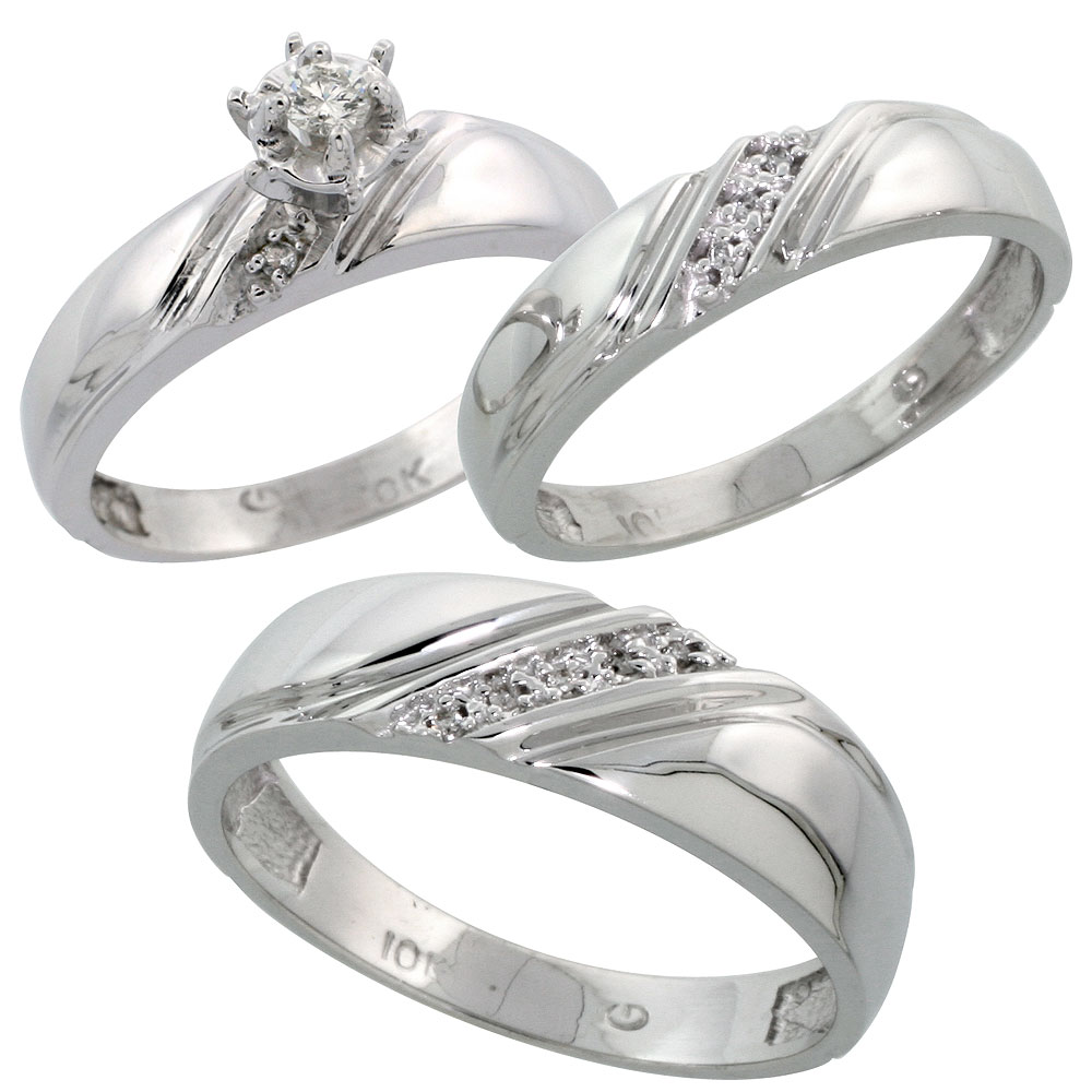 Sterling Silver 3-Piece Trio His (6mm) & Hers (4.5mm) Diamond Wedding Band Set, w/ 0.10 Carat Brilliant Cut Diamonds; (Ladies Size 5 to10; Men's Size 8 to 14)