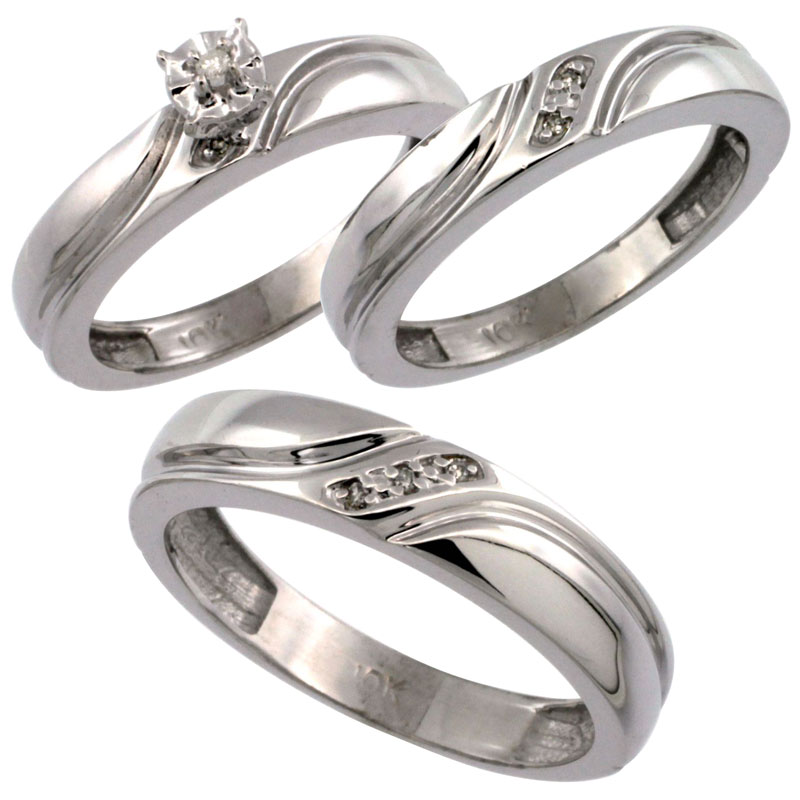 10k White Gold 3-Pc. Trio His (5mm) & Hers (4mm) Diamond Wedding Ring Band Set, w/ 0.062 Carat Brilliant Cut Diamonds (Ladies' Sizes 5-10; Men's Sizes 8 to 14)
