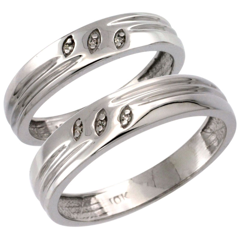 10k White Gold 2-Pc His (5mm) & Hers (4.5mm) Diamond Wedding Ring Band Set w/ 0.045 Carat Brilliant Cut Diamonds (Ladies' Sizes 5 to 10; Men's Sizes 8 to 14)
