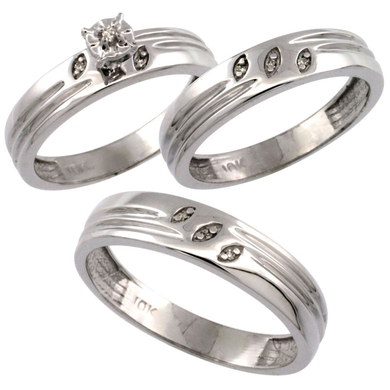 10k White Gold 3-Pc. Trio His (5mm) & Hers (4.5mm) Diamond Wedding Ring Band Set, w/ 0.075 Carat Brilliant Cut Diamonds (Ladies' Sizes 5-10; Men's Sizes 8 to 14)