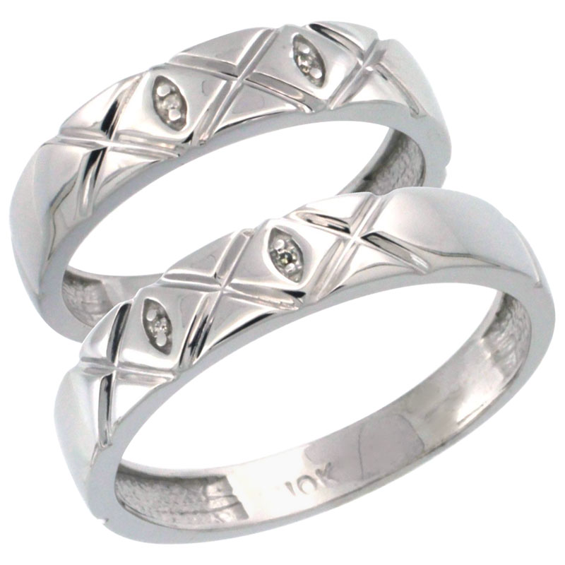 10k White Gold 2-Pc His (5mm) & Hers (4.5mm) Diamond Wedding Ring Band Set w/ 0.026 Carat Brilliant Cut Diamonds (Ladies' Sizes 5 to 10; Men's Sizes 8 to 14)