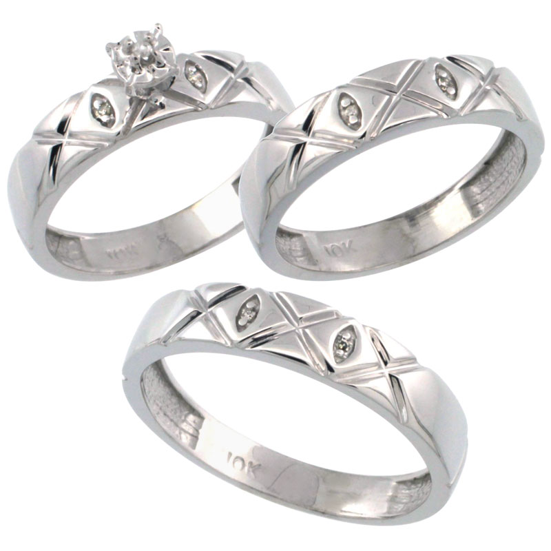 10k White Gold 3-Pc. Trio His (5mm) & Hers (4.5mm) Diamond Wedding Ring Band Set, w/ 0.056 Carat Brilliant Cut Diamonds (Ladies' Sizes 5-10; Men's Sizes 8 to 14)