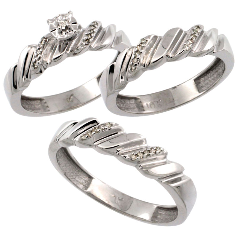 10k White Gold 3-Pc. Trio His (5mm) & Hers (5mm) Diamond Wedding Ring Band Set, w/ 0.20 Carat Brilliant Cut Diamonds (Ladies' Sizes 5-10; Men's Sizes 8 to 14)