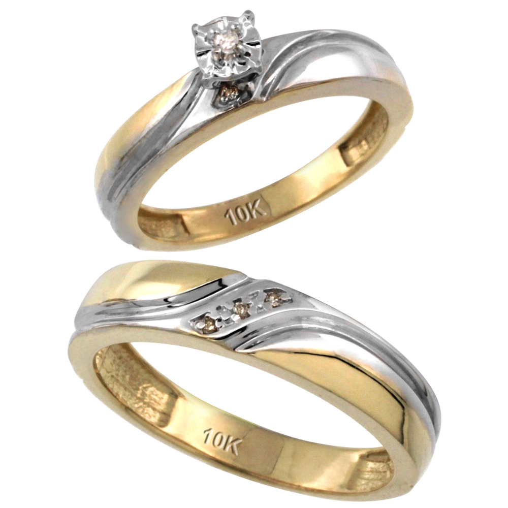 10k Gold 2-Pc Diamond Ring Set (4mm Engagement Ring & 5mm Man's Wedding Band), w/ 0.049 Carat Brilliant Cut Diamonds
