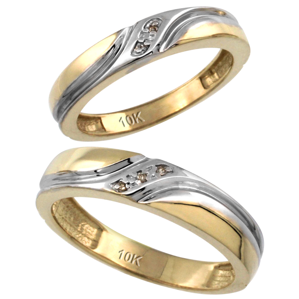 10k Gold 2-Pc His (5mm) & Hers (4mm) Diamond Wedding Ring Band Set w/ 0.032 Carat Brilliant Cut Diamonds (Ladies' Sizes 5 to 10; Men's Sizes 8 to 14)