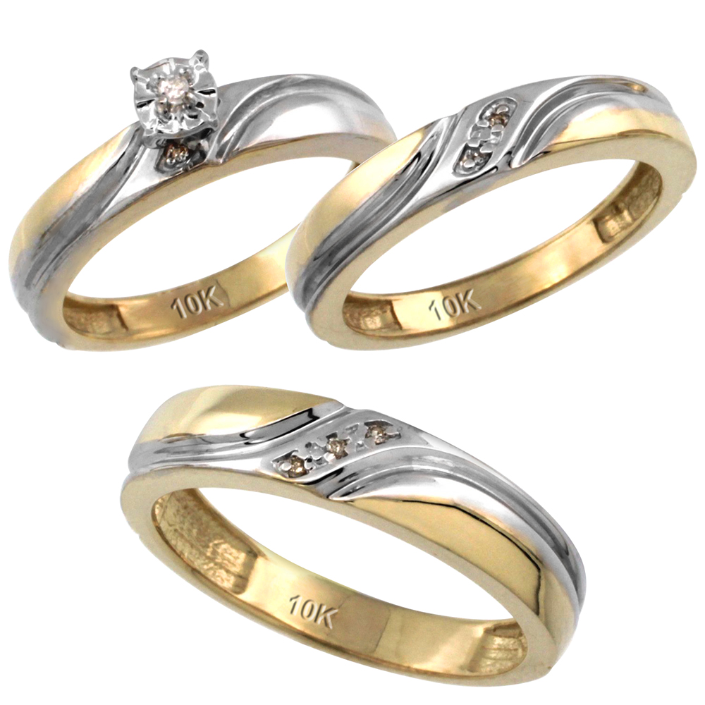 10k Gold 3-Pc. Trio His (5mm) & Hers (4mm) Diamond Wedding Ring Band Set, w/ 0.062 Carat Brilliant Cut Diamonds (Ladies' Sizes 5-10; Men's Sizes 8 to 14)