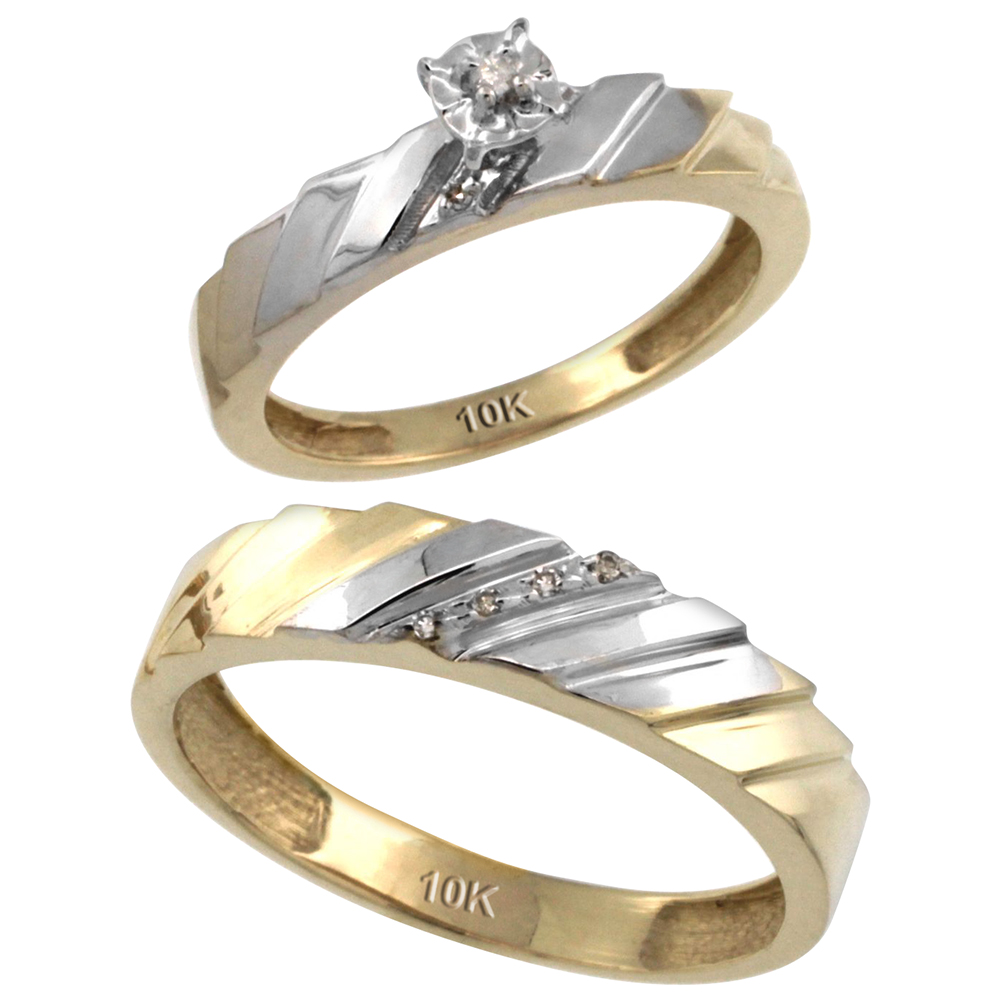 10k Gold 2-Pc Diamond Ring Set (4mm Engagement Ring & 5mm Man's Wedding Band), w/ 0.056 Carat Brilliant Cut Diamonds