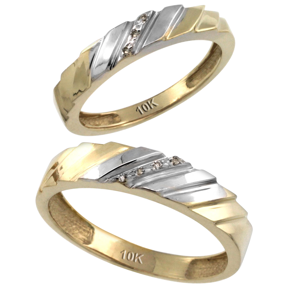 10k Gold 2-Pc His (5mm) & Hers (4mm) Diamond Wedding Ring Band Set w/ 0.045 Carat Brilliant Cut Diamonds (Ladies' Sizes 5 to 10; Men's Sizes 8 to 14)