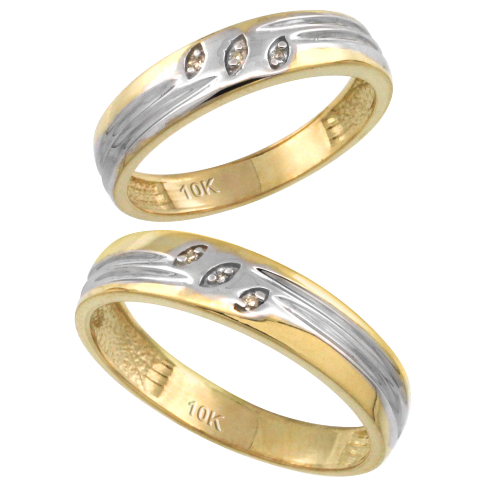 10k Gold 2-Pc His (5mm) & Hers (4.5mm) Diamond Wedding Ring Band Set w/ 0.045 Carat Brilliant Cut Diamonds (Ladies' Sizes 5 to 10; Men's Sizes 8 to 14)