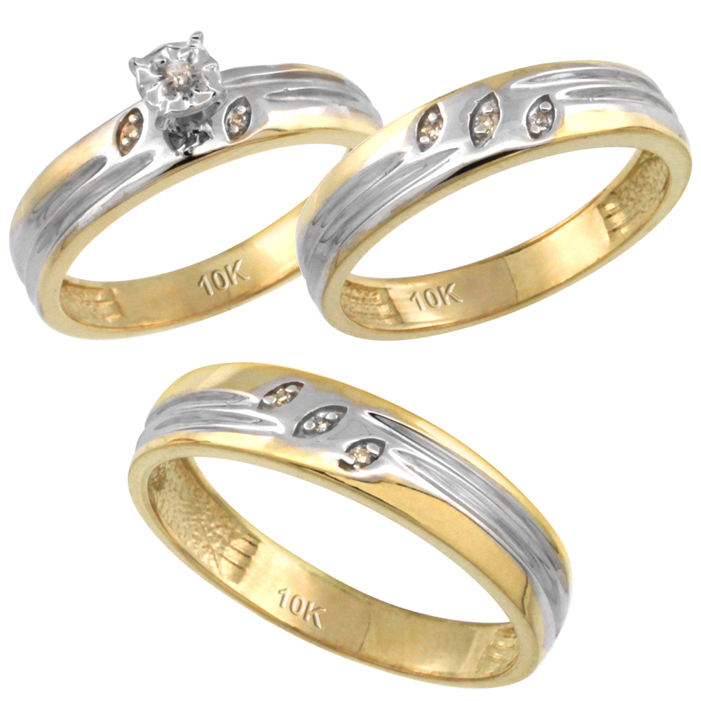 10k Gold 3-Pc. Trio His (5mm) & Hers (4.5mm) Diamond Wedding Ring Band Set, w/ 0.075 Carat Brilliant Cut Diamonds (Ladies' Sizes 5-10; Men's Sizes 8 to 14)