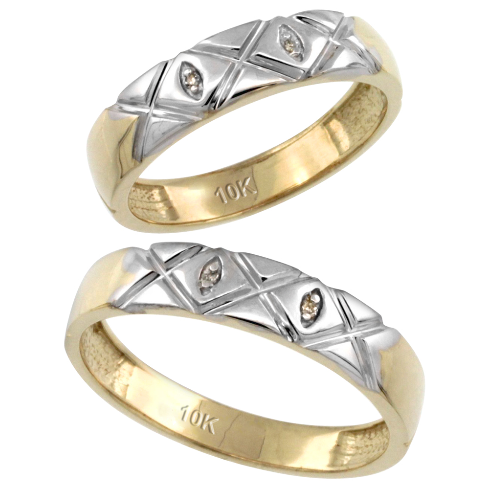 10k Gold 2-Pc His (5mm) & Hers (4.5mm) Diamond Wedding Ring Band Set w/ 0.026 Carat Brilliant Cut Diamonds (Ladies' Sizes 5 to 10; Men's Sizes 8 to 14)