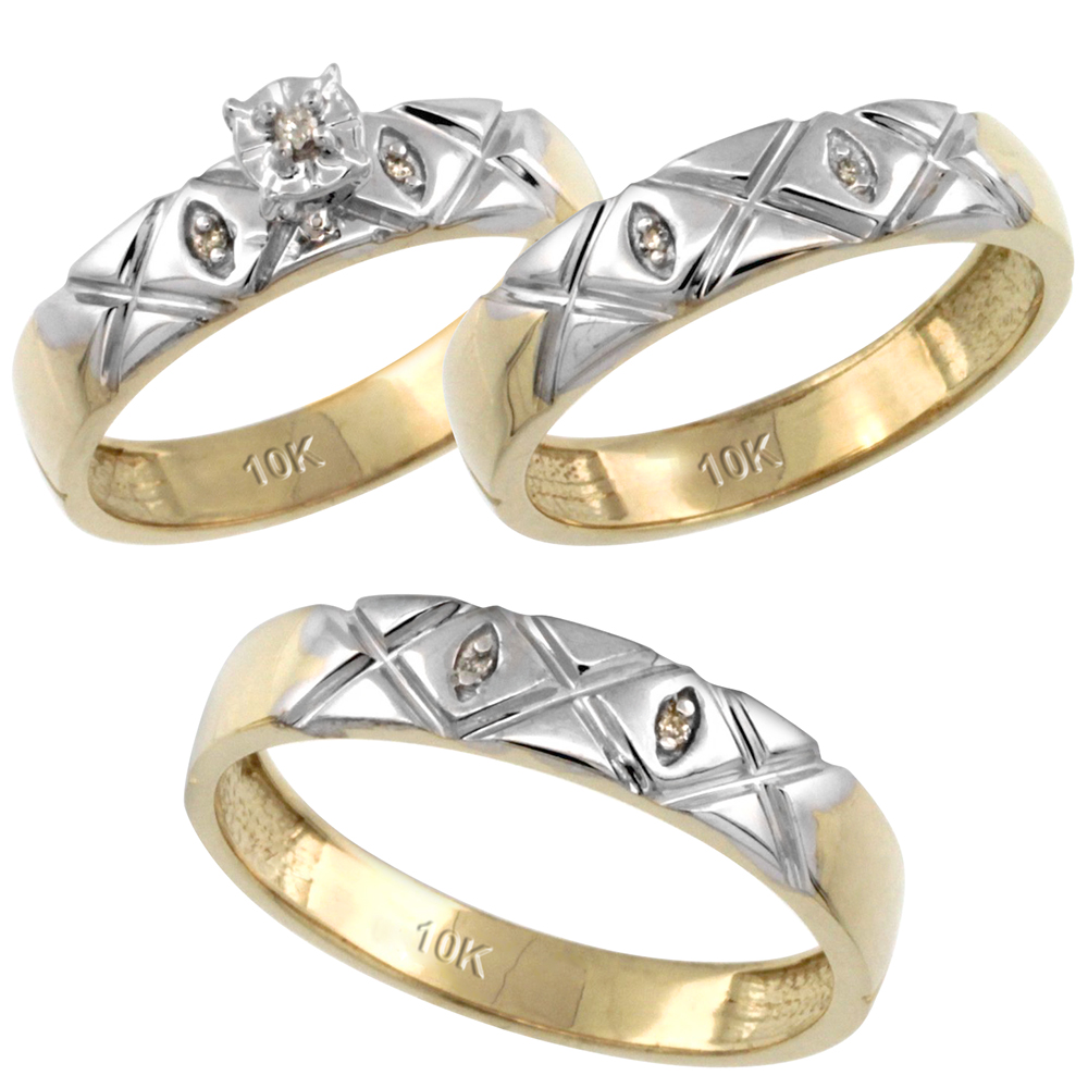 10k Gold 3-Pc. Trio His (5mm) & Hers (4.5mm) Diamond Wedding Ring Band Set, w/ 0.056 Carat Brilliant Cut Diamonds (Ladies' Sizes 5-10; Men's Sizes 8 to 14)