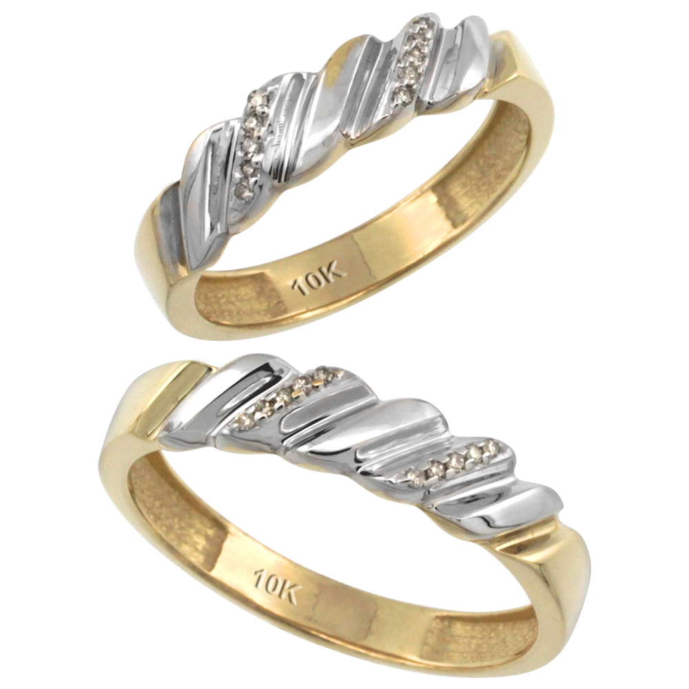 10k Gold 2-Pc His (5mm) & Hers (5mm) Diamond Wedding Ring Band Set w/ 0.126 Carat Brilliant Cut Diamonds (Ladies' Sizes 5 to 10; Men's Sizes 8 to 14)
