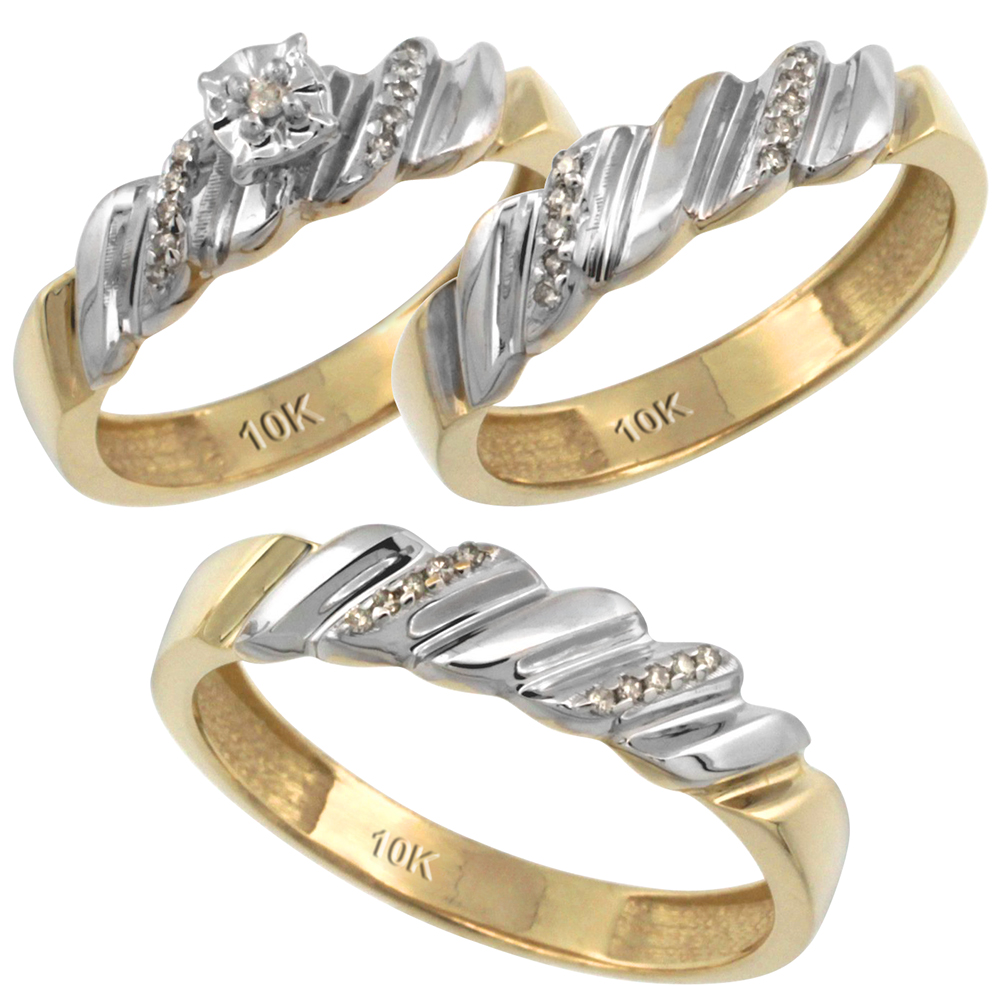 10k Gold 3-Pc. Trio His (5mm) & Hers (5mm) Diamond Wedding Ring Band Set, w/ 0.20 Carat Brilliant Cut Diamonds (Ladies' Sizes 5-10; Men's Sizes 8 to 14)