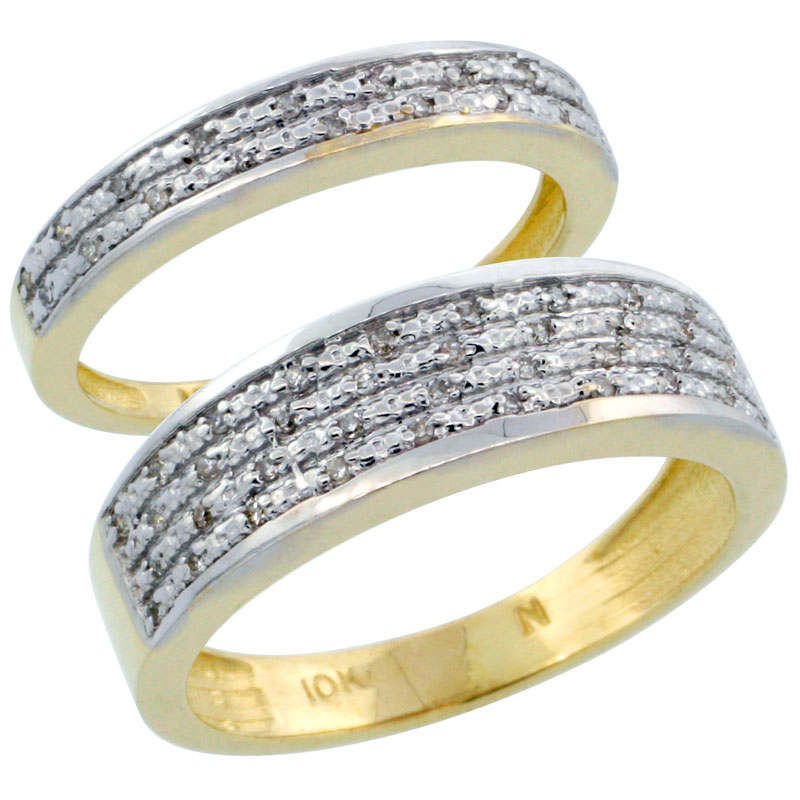 14k Gold 2-Piece His (6.5mm) & Hers (3.5mm) Diamond Wedding Ring Band Set w/ 0.18 Carat Brilliant Cut Diamonds; (Ladies Size 5 to10; Men's Size 8 to 14)
