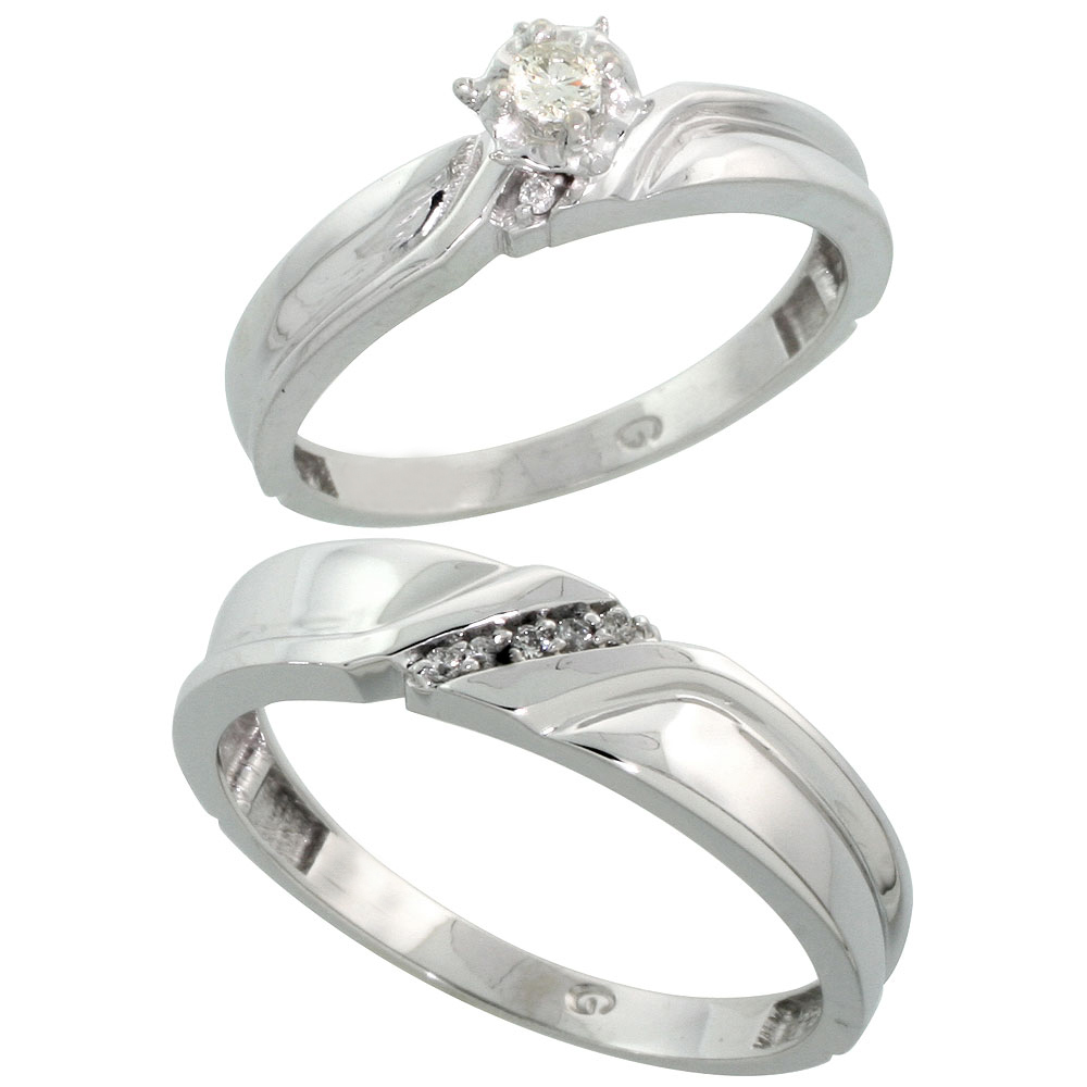 14k White Gold 2-Piece Diamond Ring Band Set w/ Rhodium Accent ( Engagement Ring & Man's Wedding Band ), w/ 0.20 Carat Brilliant Cut Diamonds, ( 5mm; 7mm ) wide