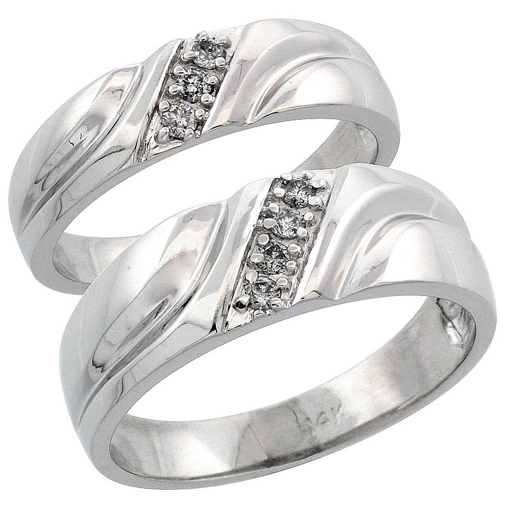 14k White Gold 2-Piece His (7mm) & Hers (5mm) Diamond Wedding Ring Band Set w/ 0.15 Carat Brilliant Cut Diamonds; (Ladies Size 5 to10; Men's Size 8 to 14)