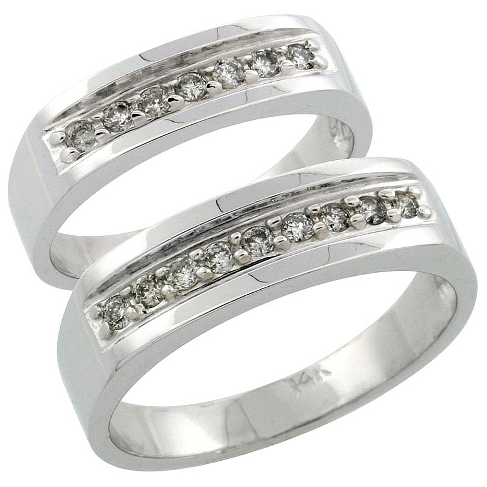 14k White Gold 2-Piece His (6mm) & Hers (5mm) Diamond Wedding Ring Band Set w/ 0.34 Carat Brilliant Cut Diamonds; (Ladies Size 5 to10; Men's Size 8 to 14)