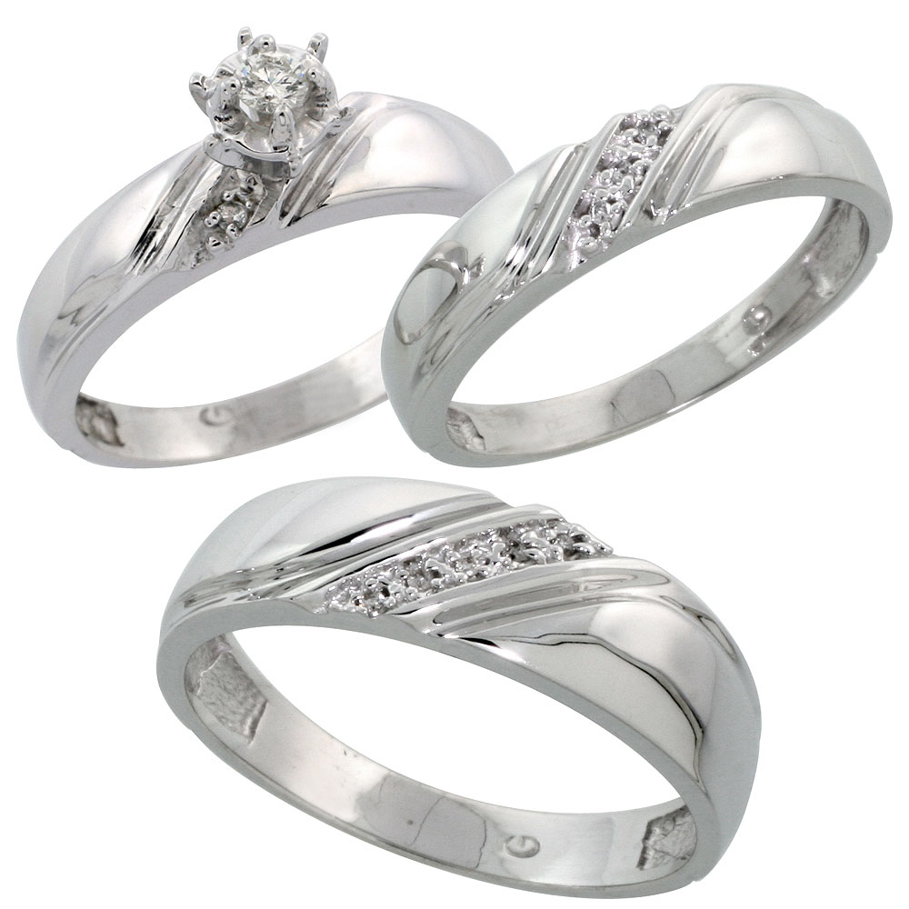 14k White Gold 3-Piece Trio His (7mm) & Hers (5mm) Diamond Wedding Ring Band Set w/ 0.27 Carat Brilliant Cut Diamonds; (Ladies Size 5 to10; Men's Size 8 to 14)