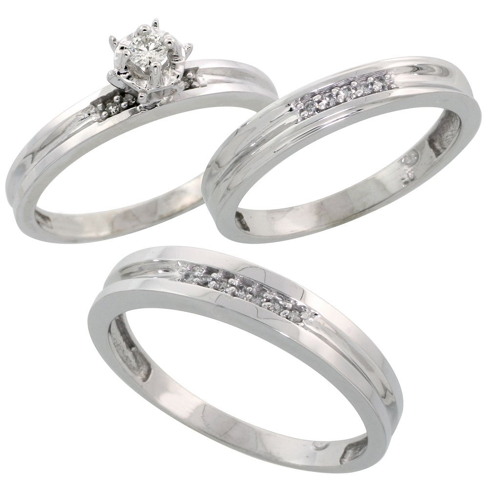 14k White Gold 3-Piece Trio His (4mm) & Hers (3mm) Diamond Wedding Ring Band Set w/ 0.50 Carat Brilliant Cut Diamonds; (Ladies Size 5 to10; Men's Size 8 to 14)