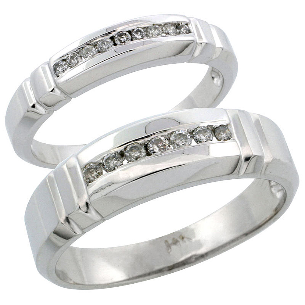 14k White Gold 2-Piece His (6.5mm) & Hers (4mm) Diamond Wedding Ring Band Set w/ 0.23 Carat Brilliant Cut Diamonds; (Ladies Size 5 to10; Men's Size 8 to 14)