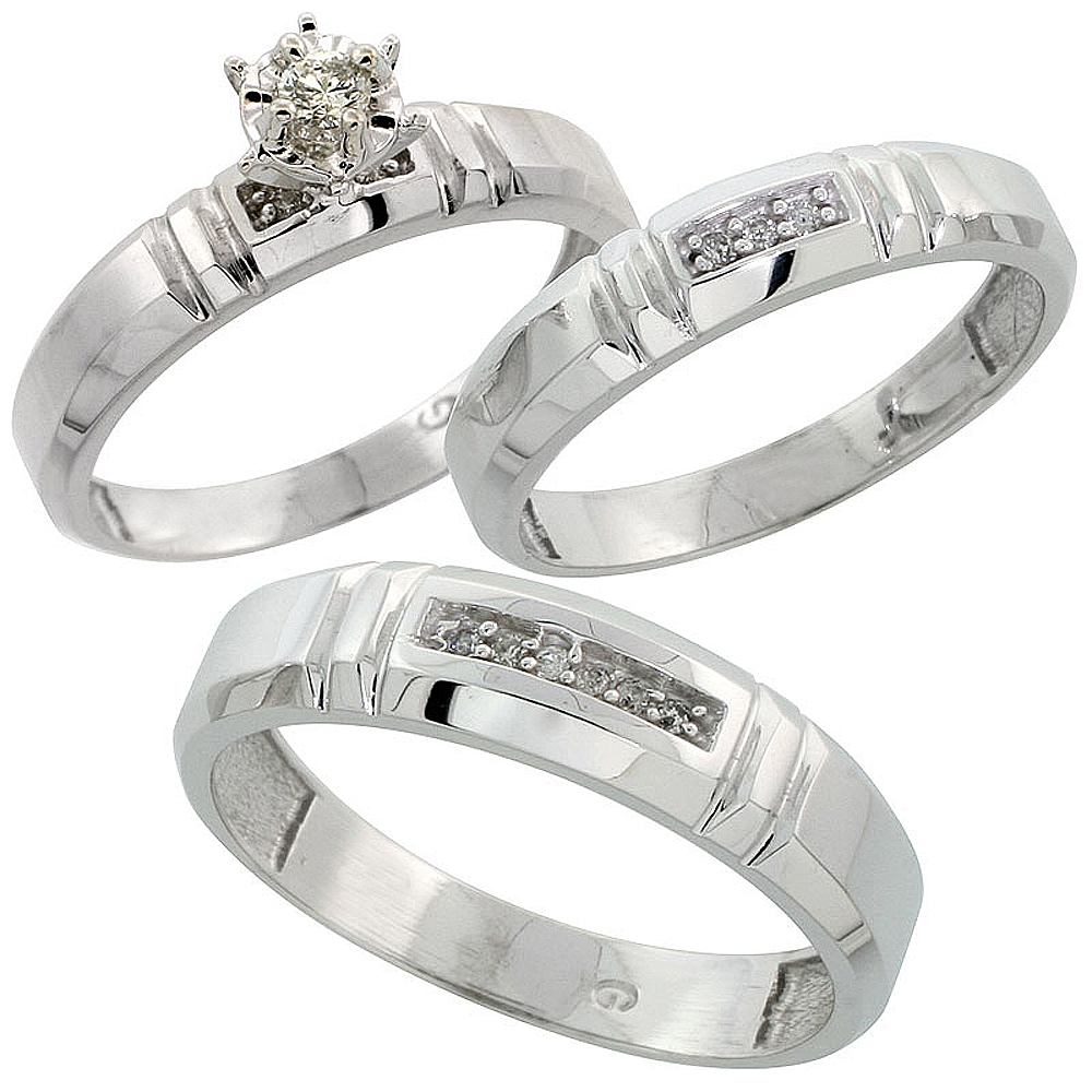 14k White Gold 3-Piece Trio His (6.5mm) & Hers (4mm) Diamond Wedding Ring Band Set w/ 0.39 Carat Brilliant Cut Diamonds; (Ladies Size 5 to10; Men's Size 8 to 14)