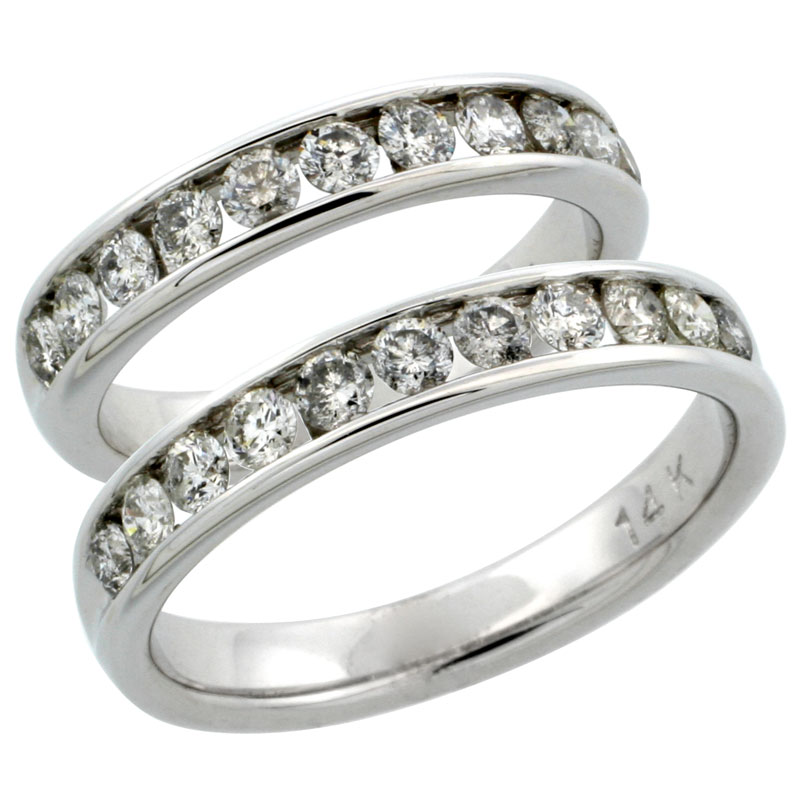 14k White Gold 2-Piece His (4mm) & Hers (4mm) Diamond Wedding Ring Band Set w/ 1.62 Carat Brilliant Cut Diamonds; (Ladies Size 5 to10; Men's Size 8 to 12.5)