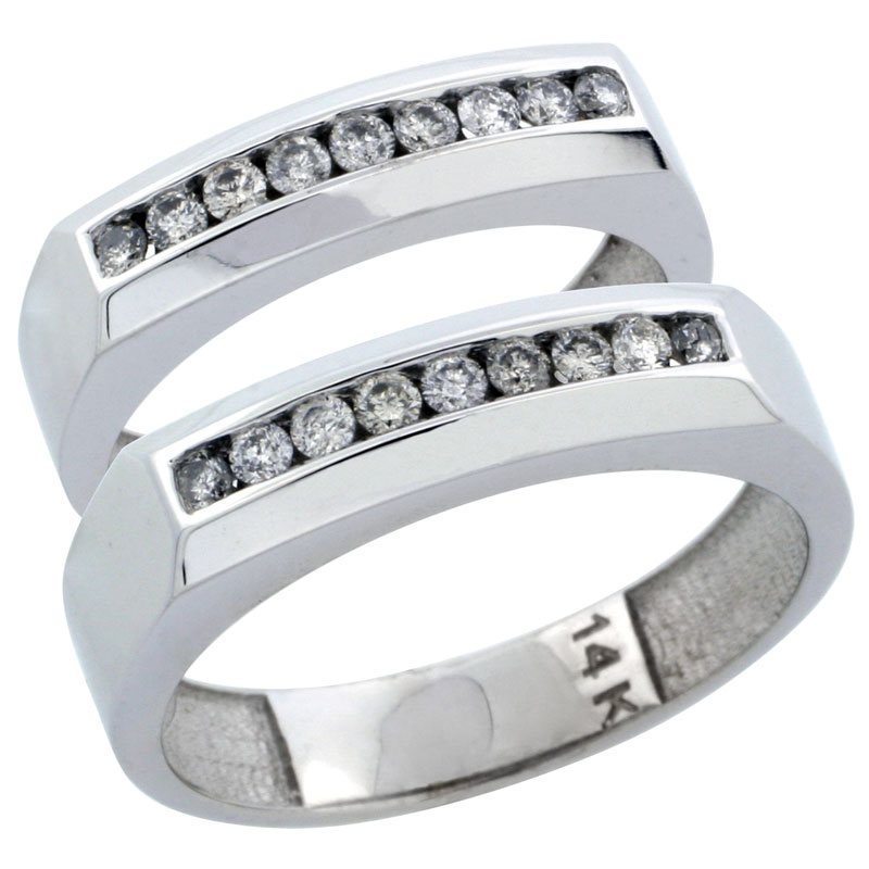 14k White Gold 2-Piece His (5mm) & Hers (5mm) Diamond Wedding Ring Band Set w/ 0.48 Carat Brilliant Cut Diamonds; (Ladies Size 5 to10; Men's Size 8 to 12.5)