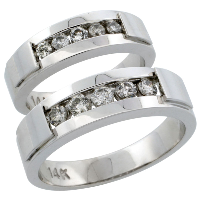 14k White Gold 2-Piece His (6mm) & Hers (5mm) Diamond Wedding Ring Band Set w/ 0.61 Carat Brilliant Cut Diamonds; (Ladies Size 5 to10; Men's Size 8 to 12.5)