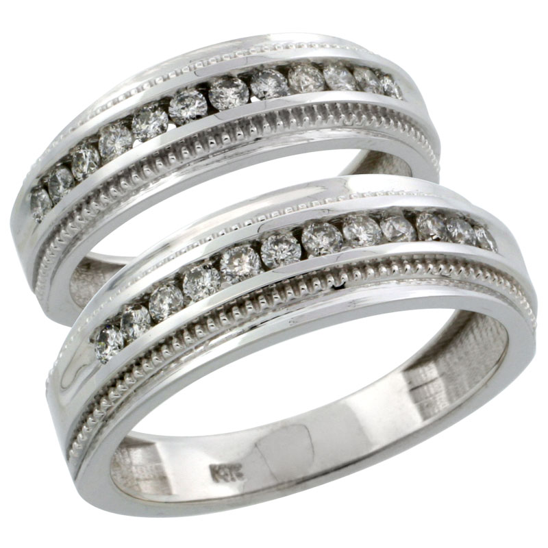 14k White Gold 2-Piece His (7mm) & Hers (6mm) Milgrain Design Diamond Wedding Ring Band Set w/ 0.62 Carat Brilliant Cut Diamonds; (Ladies Size 5 to10; Men's Size 8 to 12.5)