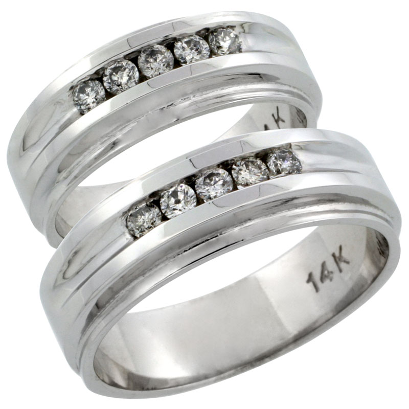 14k White Gold 2-Piece His (7mm) & Hers (7mm) Diamond Wedding Ring Band Set w/ 0.46 Carat Brilliant Cut Diamonds; (Ladies Size 5 to10; Men's Size 8 to 12.5)