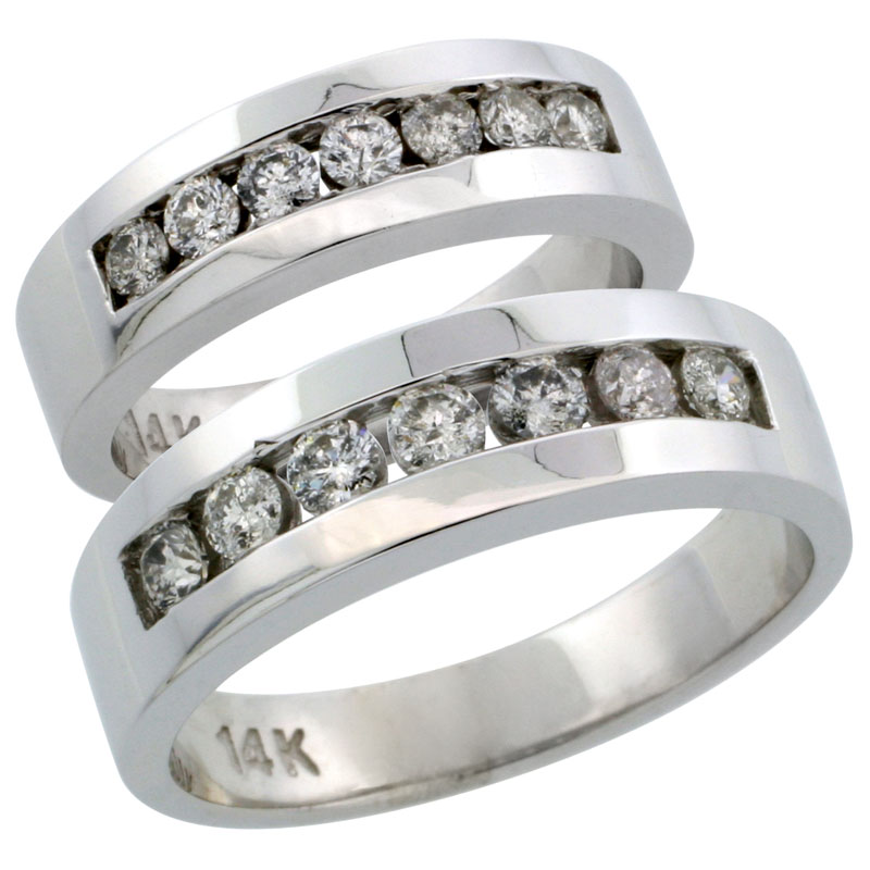 14k White Gold 2-Piece His (6.5mm) & Hers (5.5mm) Diamond Wedding Ring Band Set w/ 0.96 Carat Brilliant Cut Diamonds; (Ladies Size 5 to10; Men's Size 8 to 12.5)